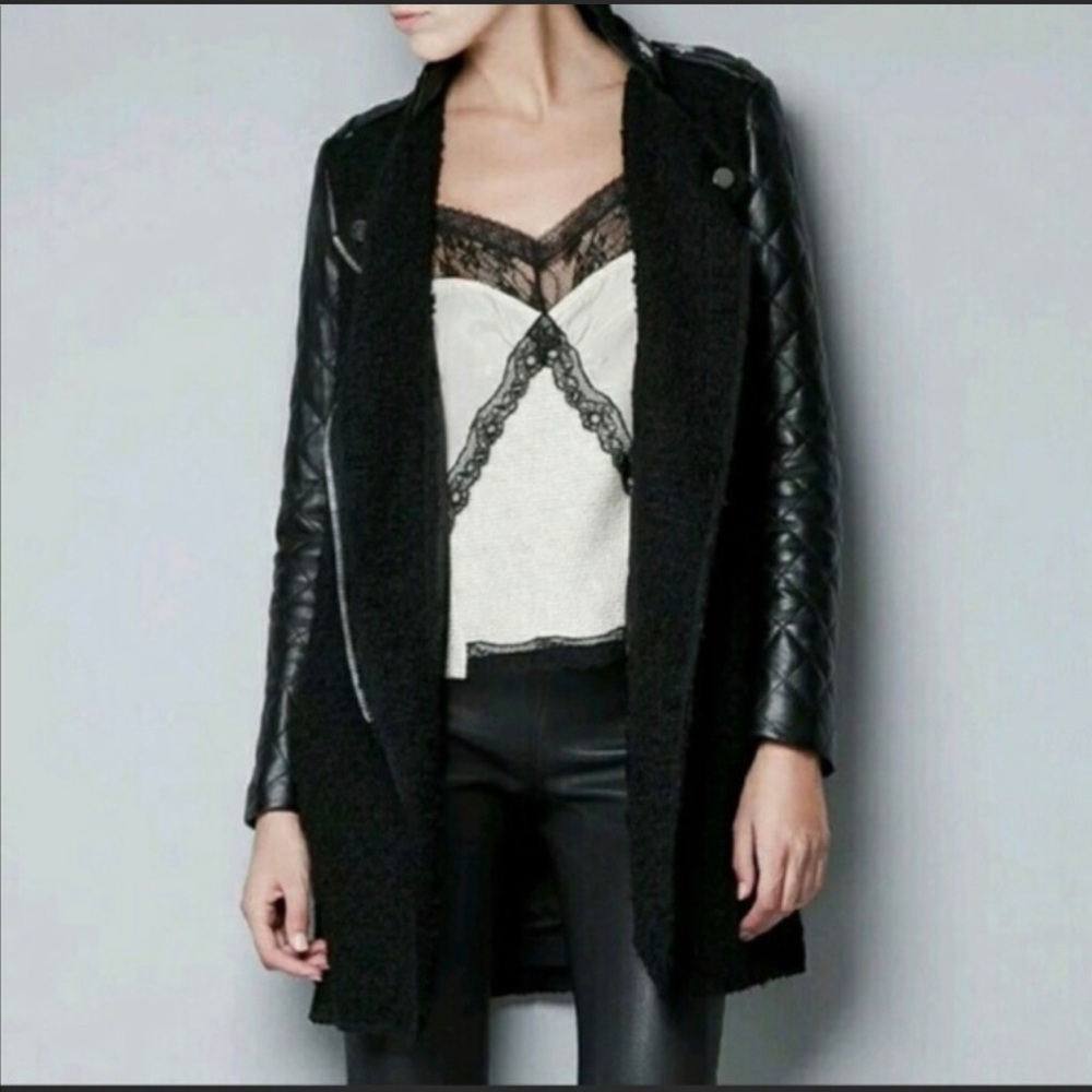 Zara XS moto coat, boucle with lambs leather sleeves